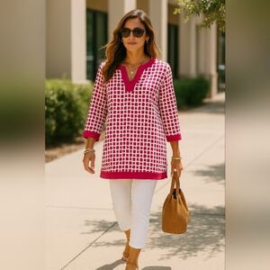 Anne Klein NWT Tunic Top L – Pink Geo Print Split Neck Blouse Career Resort $89